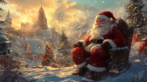 Santa in glowing winter village under cinematic golden snowfall