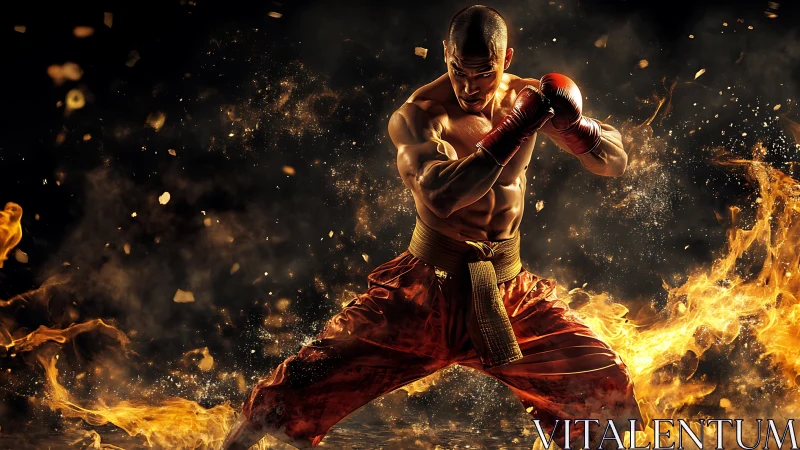 Dynamic martial artist framed in infernal combat tableau.