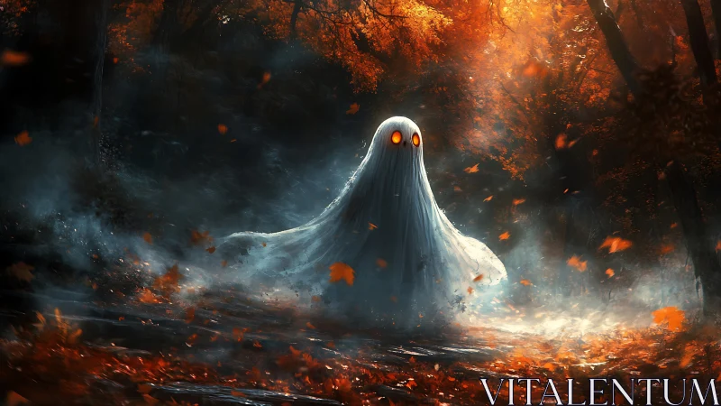 Volumetric-lit spectral figure drifts through foggy autumn forest