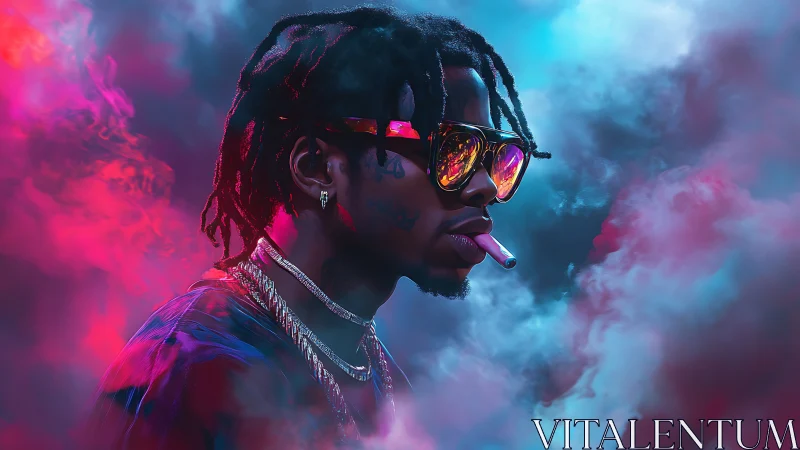 Neon lit portrait of stylish smoker in vapor haze.