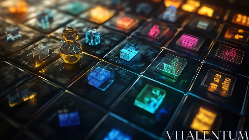 Glass pawn navigates glowing data grid of holographic cubes