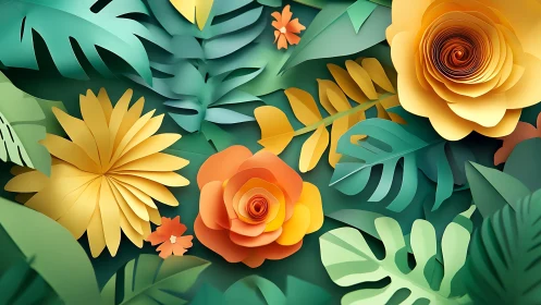 Layered paper flowers form lush tropical botanical collage.