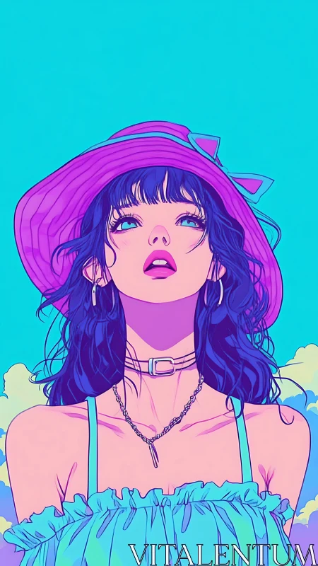 Stylized girl in sun hat against bright cyan sky backdrop.