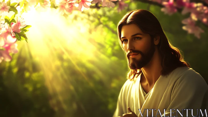 Digital painting of serene robed figure in luminous garden light.