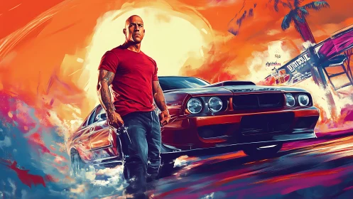 Muscular driver and red muscle car in neon sunset streetscape