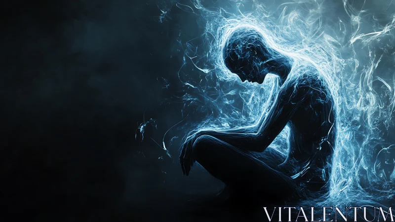 Luminous figure curled in quiet reflection and electric light.