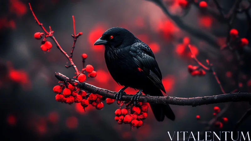 Black crow on red berry branch in dramatic dark scene.