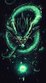 Bioluminescent serpentine dragon orbiting radiant energy core