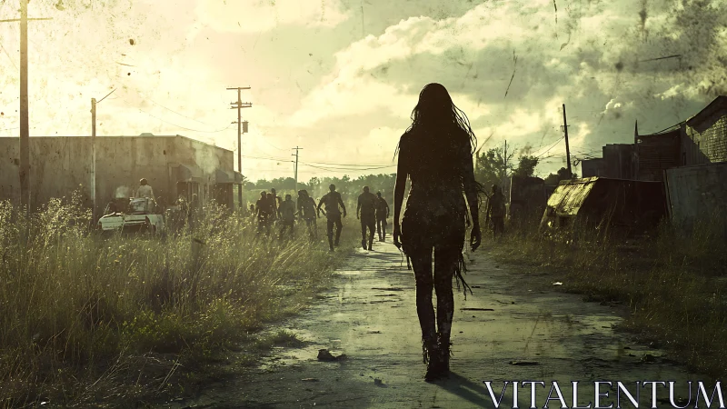 Silhouetted figures in ruined rural street at dusk landscape.