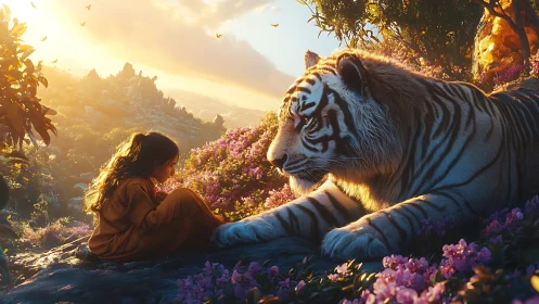 Sunlit meadow meeting between gentle tiger and child.