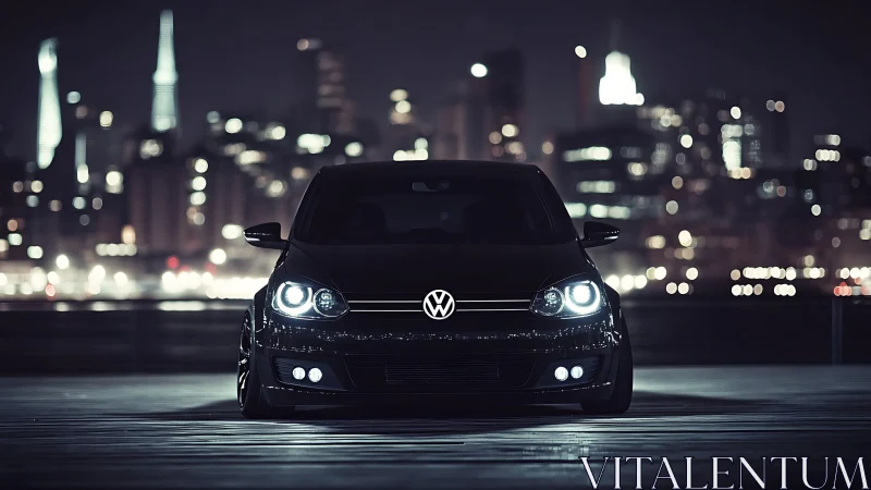 Noir automotive portrait with bokeh skyline composition.