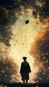 Graduate silhouette under golden autumn canopy at dusk.
