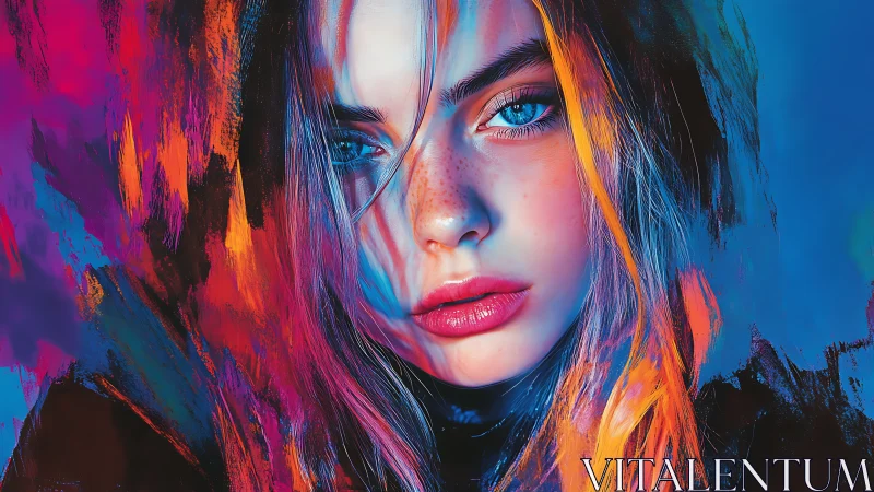 Vivid digital portrait merges female face with neon paint
