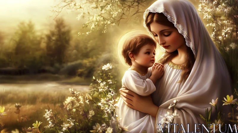 Digital painting of serene mother and child in glowing meadow