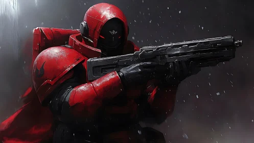 Armored red sci-fi soldier aims rifle under cinematic rain