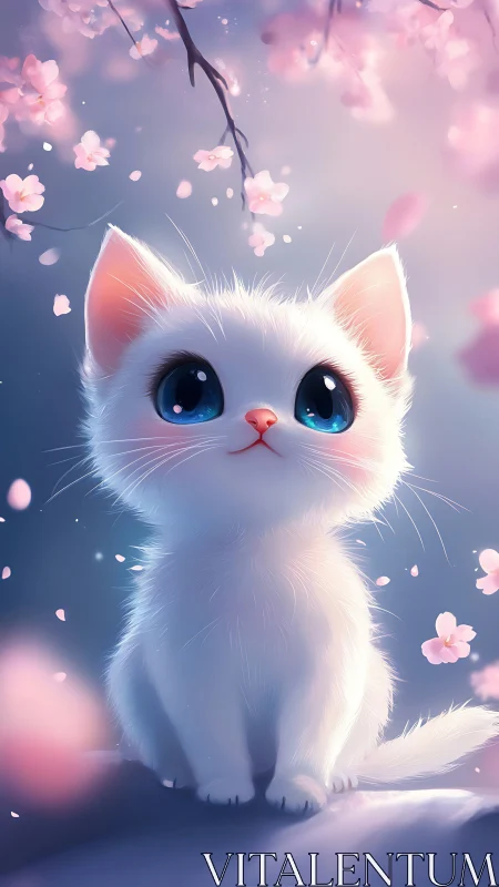 Ethereal White Kitten with Luminous Eyes Amid Cherry Blossoms