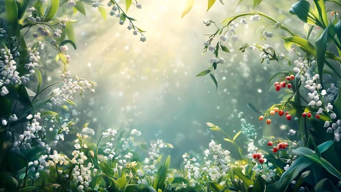 Lily of the Valley Garden with Berries and Soft Light