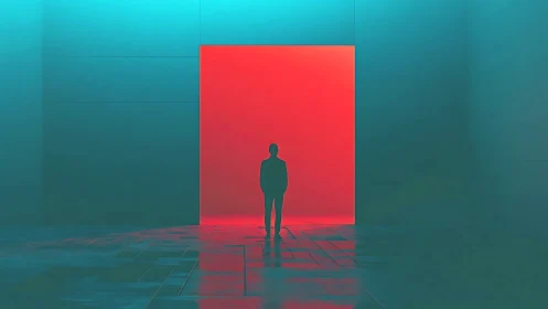 Silhouette stands before neon portal in minimalist void