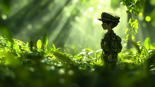 Anime child soldier stands in sunlit jungle clearing profile