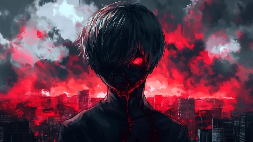 Hemorrhagic urban revenant under incendiary red cloudbank.