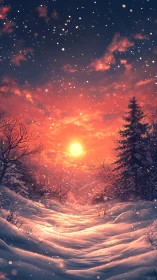 Radiant winter sunset bathes a snowy forest path in gold