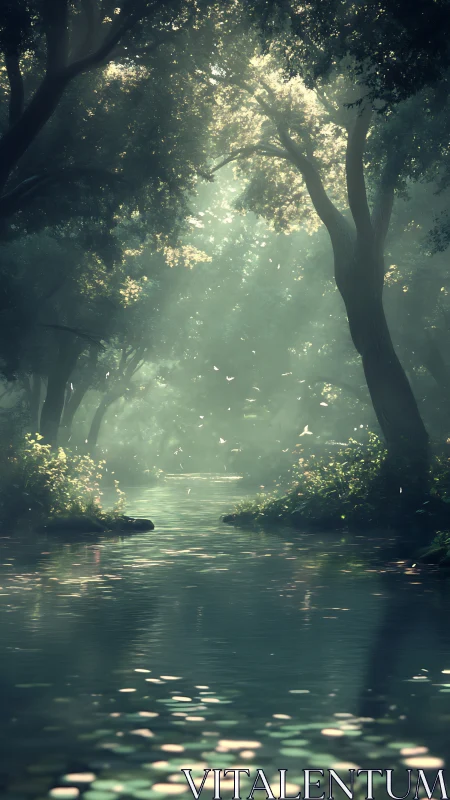 Mystical Forest Stream Through Ancient Trees.