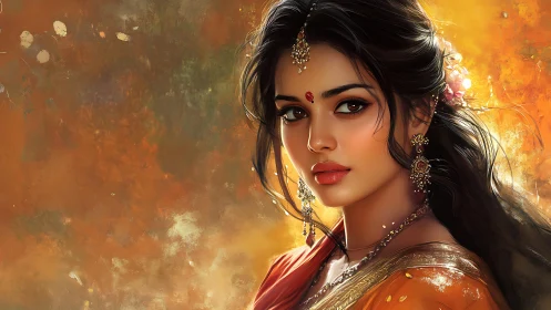 Golden glow around a serene woman in traditional adornment.