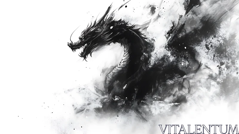 Monochrome dragon rendered in ink-like abstract motion.
