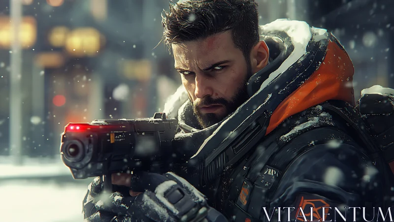 Futuristic soldier aims rifle in a tense snowbound standoff