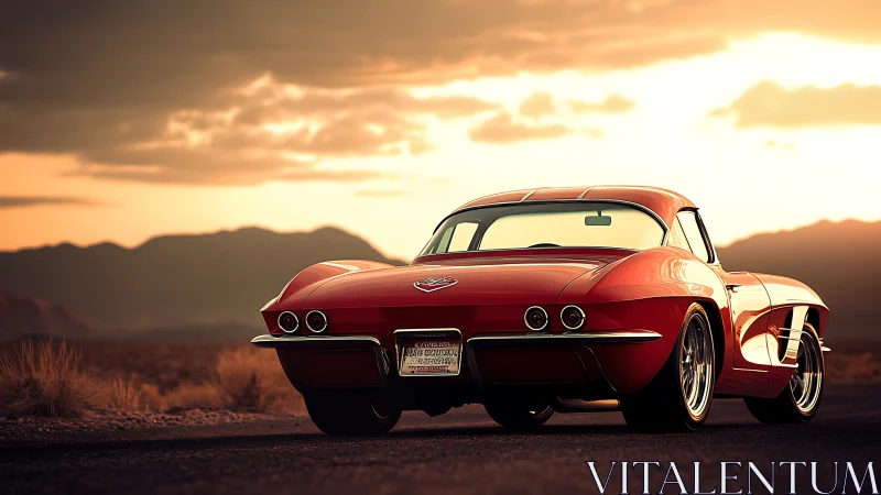Sunlit classic red sports car waits on an open desert road