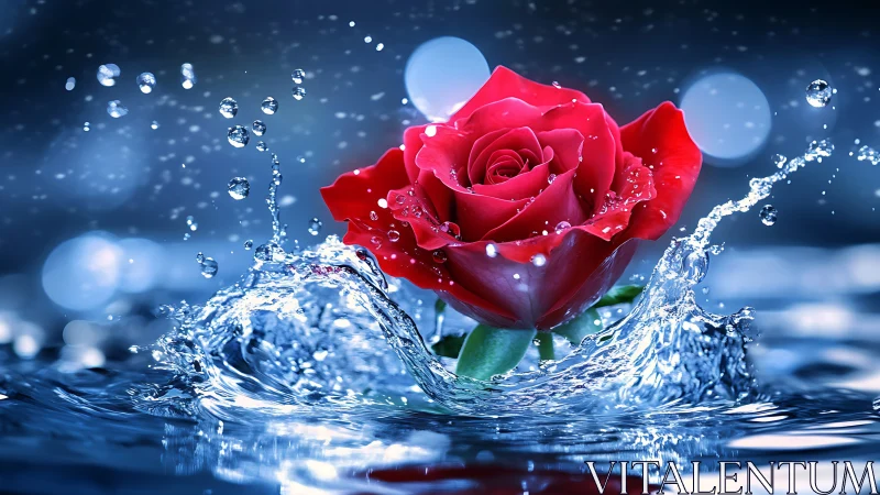 Red Rose Splashing Through Water with Bokeh Background.