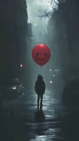 Solitary figure beneath a red smiley balloon in rain-soaked alley