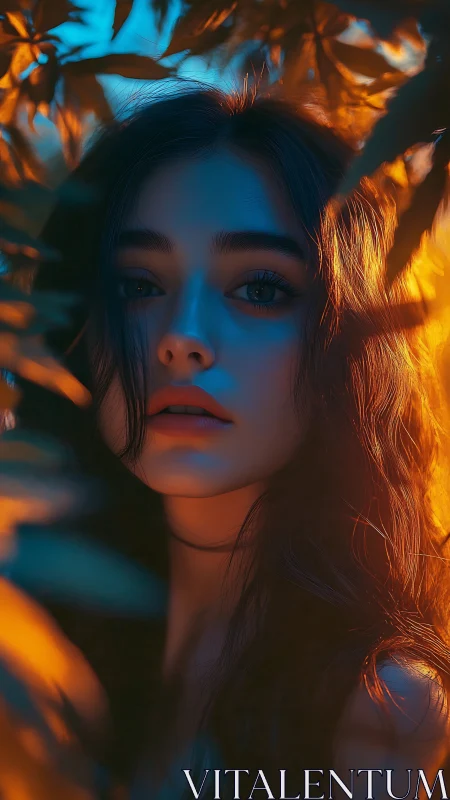 Portrait shows a woman framed by foliage under split lighting