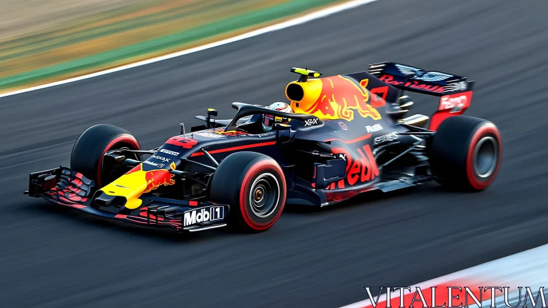 Formula race car on track with Red Bull livery in motion.