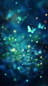 Bioluminescent blue butterflies in nocturnal bokeh forest