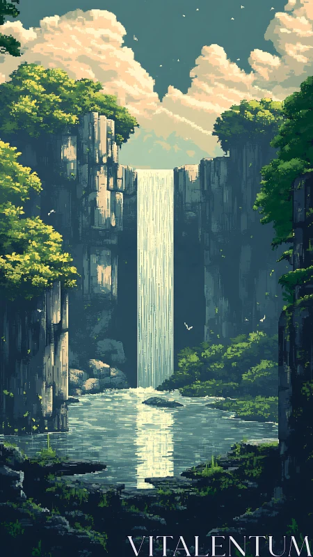 Vertical pixel landscape showing waterfall, cliffs, foliage.