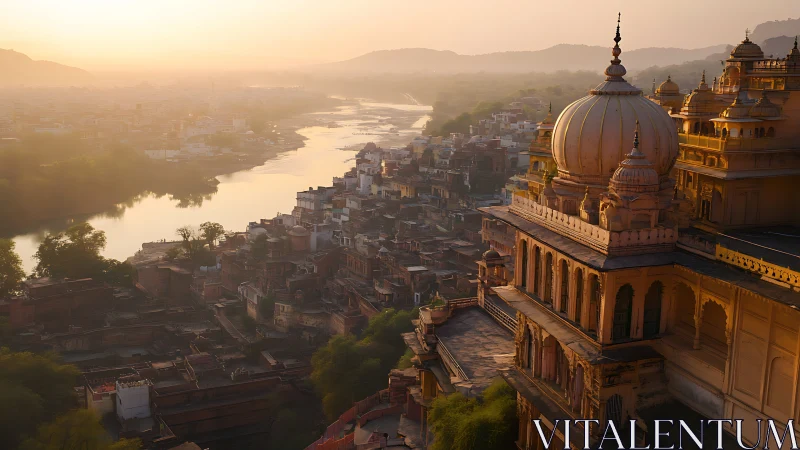 Dawn drapes a riverside palace city in molten amber light