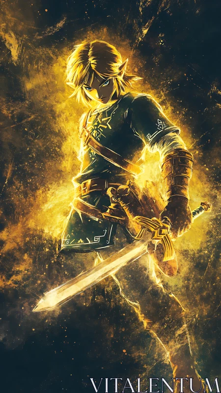 Heroic swordsman glows with golden power in a fiery aura