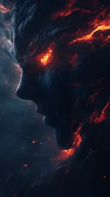 Lava-forged elemental face glowing through darkened void.