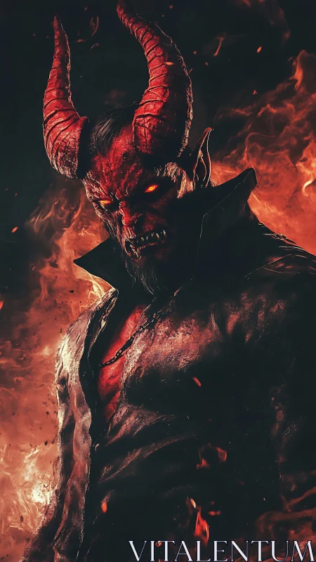 Horned demon figure stands in flames with glowing eyes