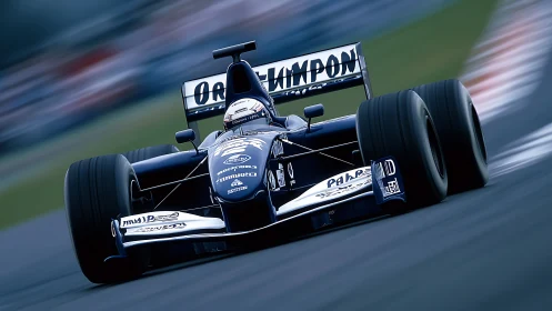 Thrilling blue Formula racing car charges through fast corner