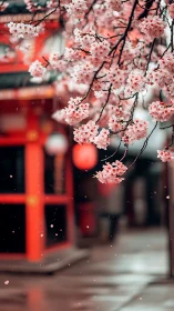 Cherry blossoms over wet street near red temple gate.