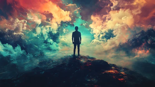Solitary figure stands between fiery and teal dream clouds.