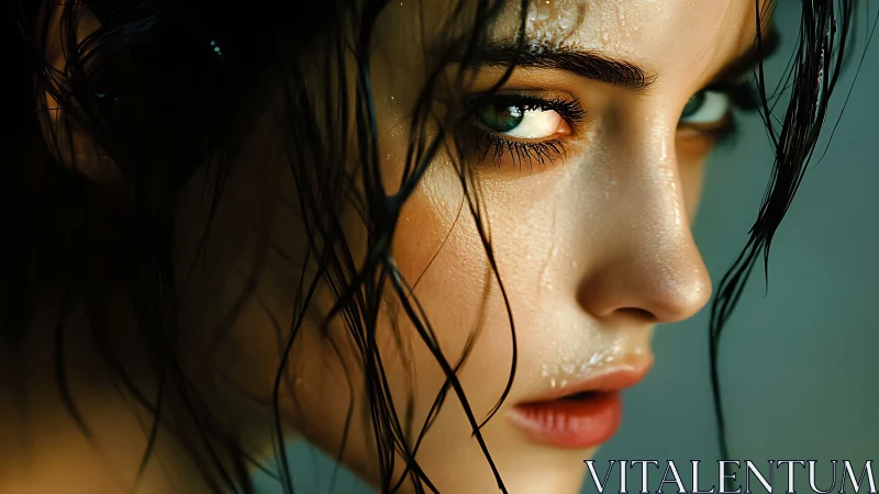 Stormlit gaze in wet strands and emerald fire eyes.