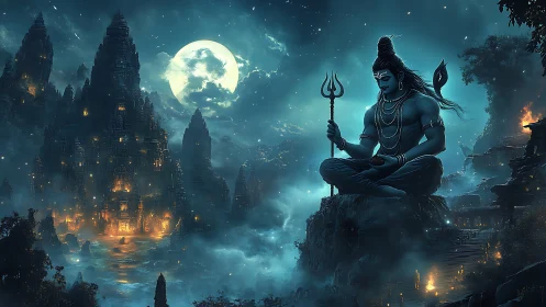 Lord Shiva meditating above mystical moonlit temples.