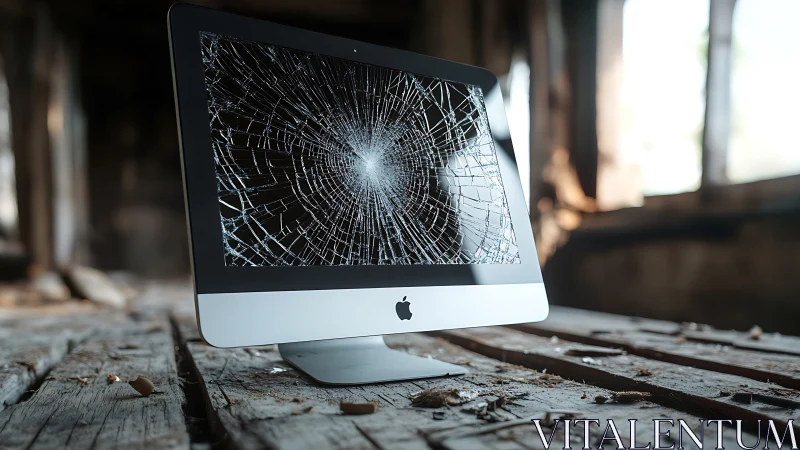 Shattered iMac screen crowns a dusty, timeworn workbench.