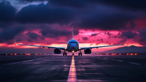 Narrow body jetliner on wet runway at vivid magenta dusk