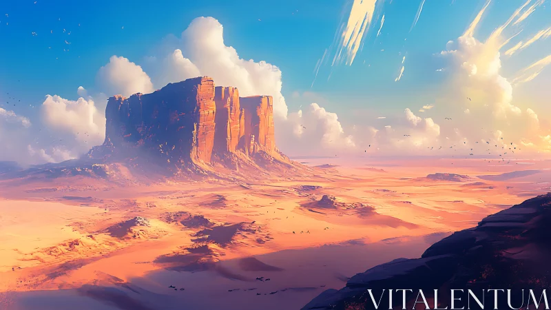 Desert mesa landscape under expansive clouded sky.