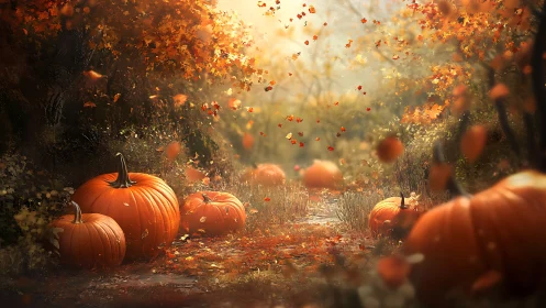 Autumn forest path lined with scattered pumpkins at dusk.