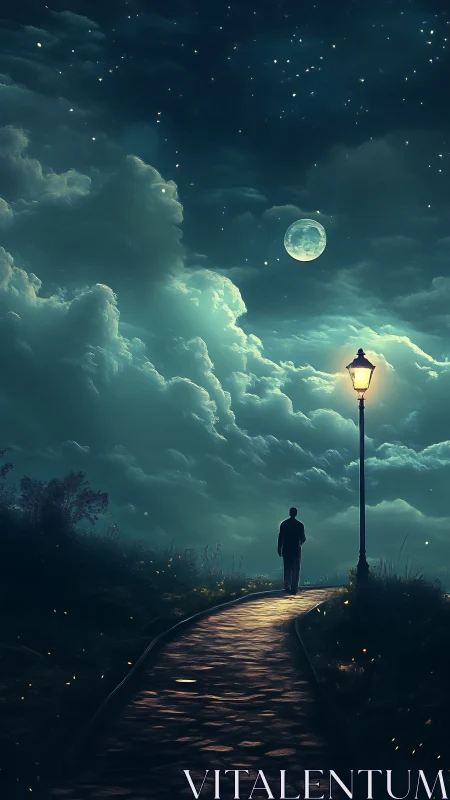 Silhouette walks under moonlit sky beside glowing lamppost